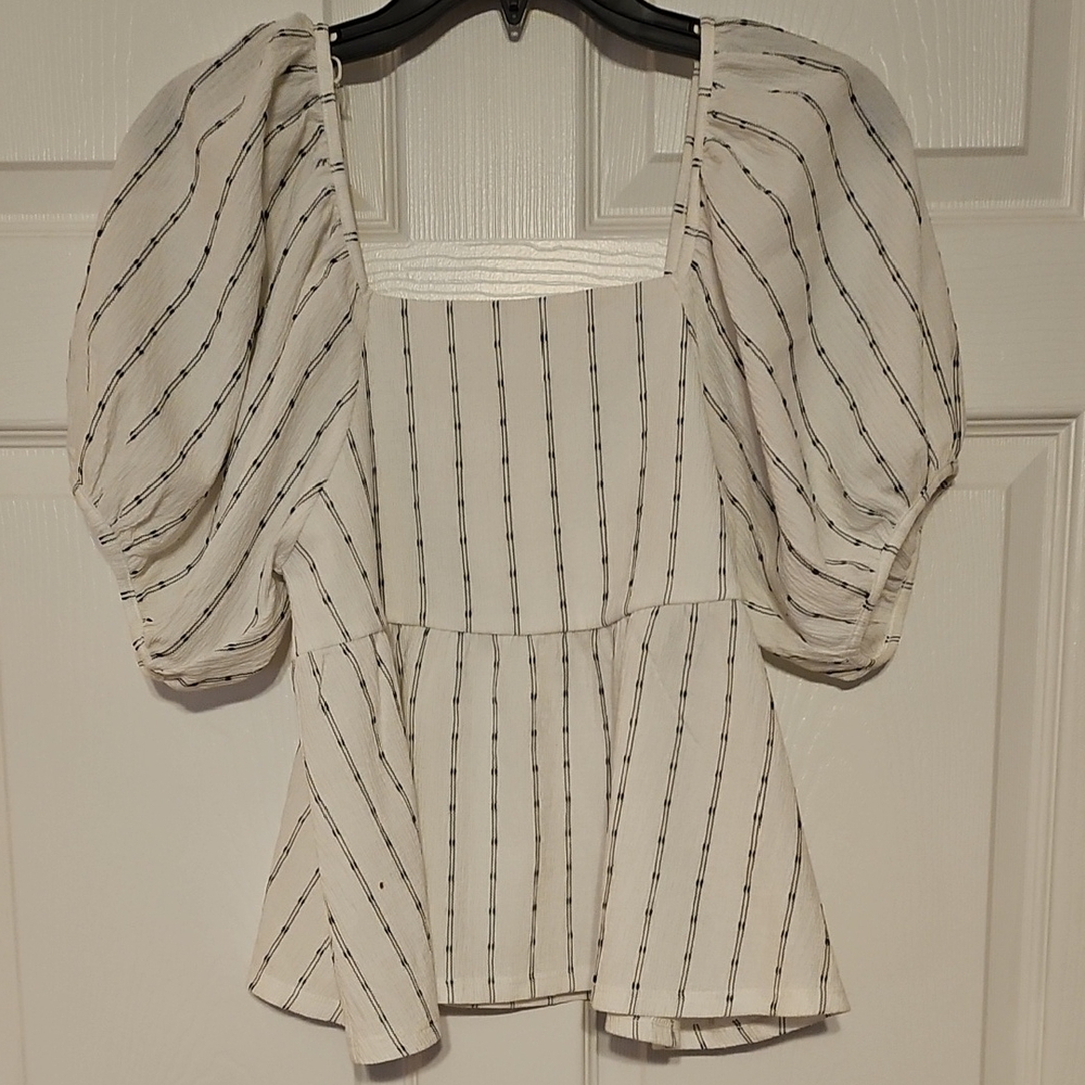 Madewell White Striped Puff-Sleeve Peplum Top